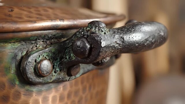 Closeup of an antique copper pot handle with intricate detailing.