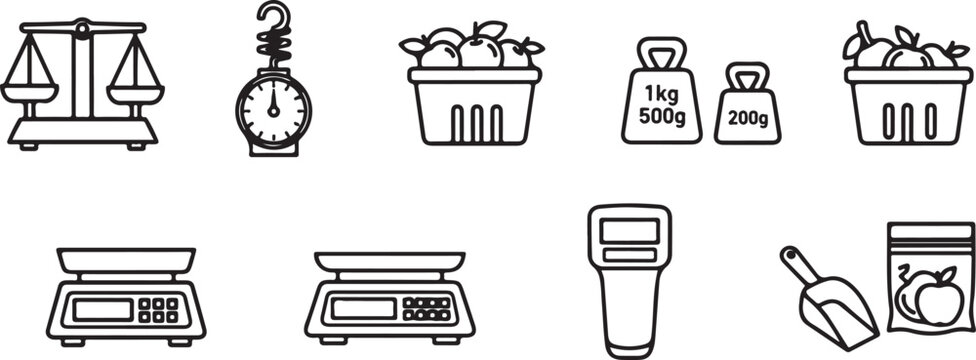Set of balance scale drawing tools and scales icons vector Vector