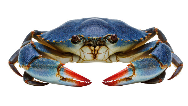 Blue crab with red claws facing forward