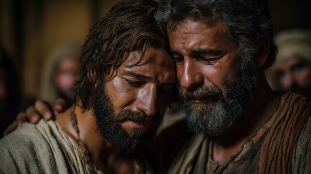 Joseph embraces his brothers in an Egyptian hall, tears revealing forgiveness and reconciliation after years of separation.
