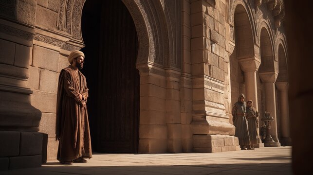 Mordecai stands by the palace gate overhearing guards&rsquo; whispers, as long shadows in the corridor reveal tension, vigilance, and a hidden plot.
