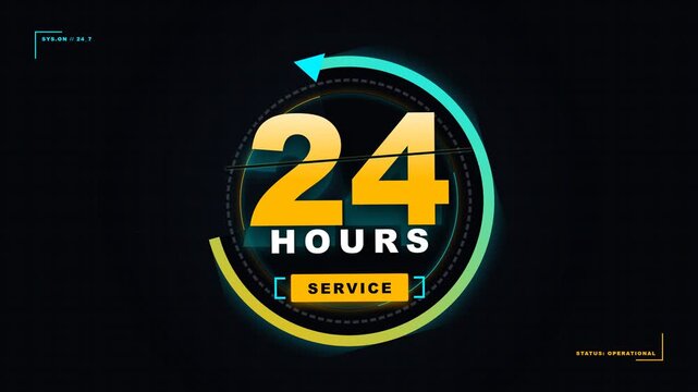 Futuristic 24 Hours Service HUD Motion Graphic Icon for Customer Support and Always Open Business Concepts