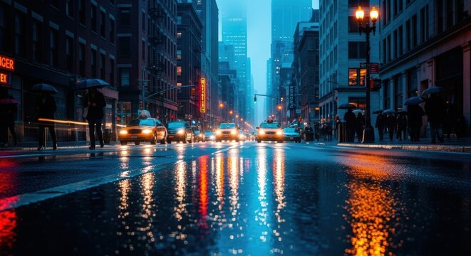 city street at night with wet pavement and reflections