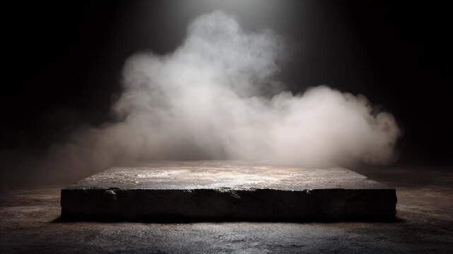 Mysterious smoky atmosphere envelops dark stone platform with dramatic spotlighting from above, creating suspense and intrigue for abstract presentations or product displays.
