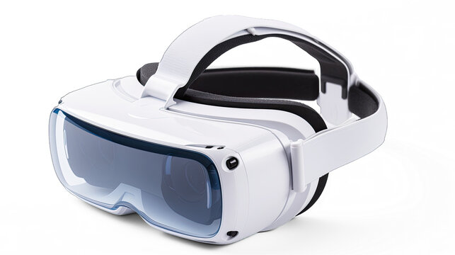 A white Oculus VR headset rests on a png transparent. The headset has a black strap and clear lenses.