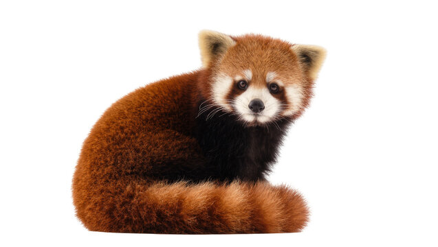 Red fluffy baby panda sitting with dark fur and white face