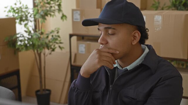 Man with hand on chin beside stacked parcels and computer, wearing cap and jacket in a packing area inside a building; quiet contemplation.