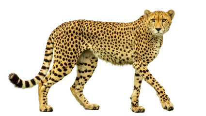 Spotted cheetah standing gracefully with long tail and focused gaze © Natalia