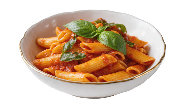 Golden Penne Pasta Dish with Tomato Sauce and Fresh Basil Leaves