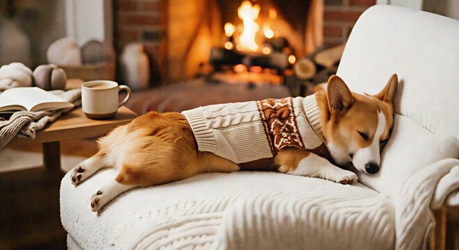 Cozy Corgi Dog in Knit Sweater Sleeping on White Armchair by Fireplace