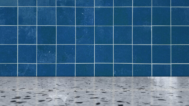 Modern Interior Background Featuring Blue Ceramic Square Tiles Wall and Polished Terrazzo Stone Countertop; Minimalist Kitchen or Bathroom Mockup for Product Placement, Contemporary Home Decor.