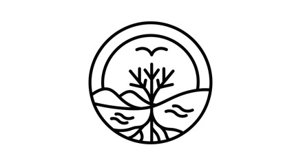Fototapeta premium Minimalist Circle Emblem: Tree, Hills, Bird, Sun Arc, River Waves