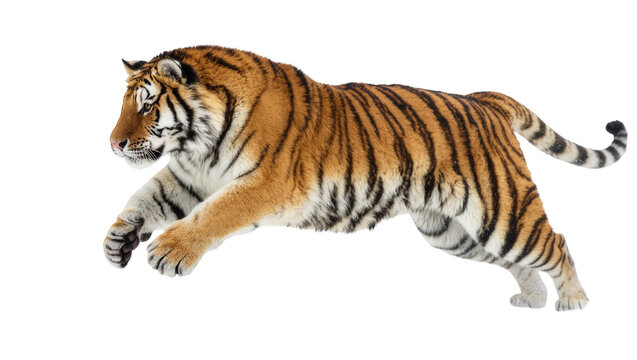 Striped Bengal Tiger Leaping Forward with Powerful Paws and Tail