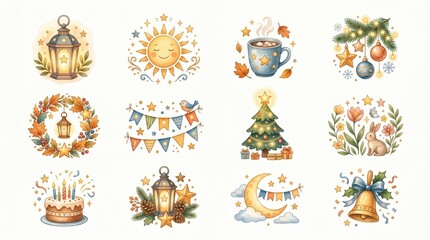 Obraz premium Watercolor art shows festive seasons like Christmas, autumn, spring, and birthday celebrations