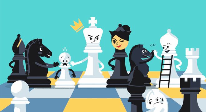 A cartoon girl playing chess with various pieces on a board outside