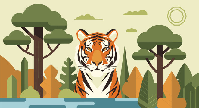A tiger stands majestically between trees by a serene lake surrounded by lush foliage under sunny skies.