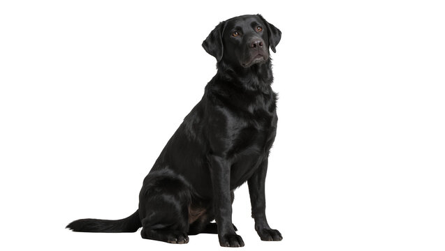 Black Labrador Retriever dog sitting attentively, isolated on transparent background
