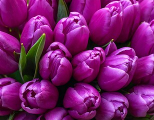 Naklejka premium Vivid close-up shows a dense bouquet of deep purple tulips with textured petals and occasional green foliage peeking through