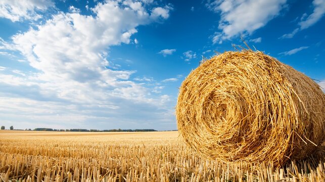 Harvests Golden Spiral A Sunlit Hay Bale on a Stubble Field Under a Vast Blue Sky.