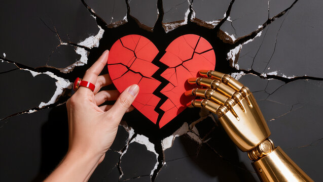Close up a woman hand wearing red ring holding a red breaking heart 3D with a golden robot hand , black breaking wall is background , romantic mood.