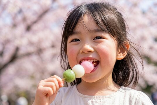 Close up of sweet Japanese child eating Hanami dango sweets with cherry blossom background