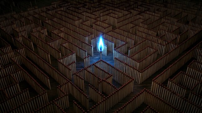 One lit matchstick with a blue flame glowing in the center of a complex maze built from many unlit matches to show a path or solution