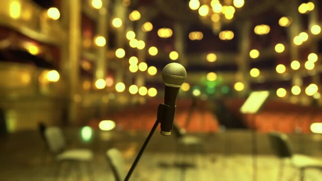 Single microphone under dramatic spotlight, deep shadows and glowing bokeh create tense anticipation, vacant seats and ornate balconies frame stage for solo