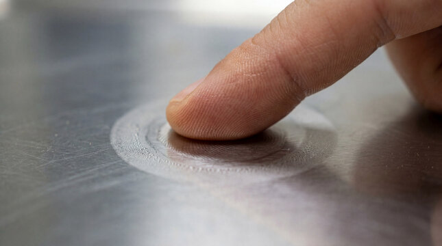 Finger tracing intricate patterns on a polished metal surface, creating a fleeting moment of tactile artistry