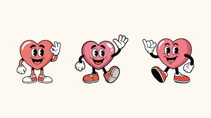 Fototapeta premium Cute heart characters set performing various funny hand gestures and poses.