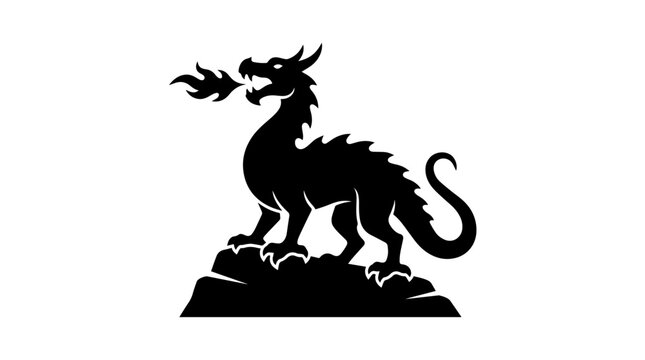 Vector silhouette of fire‑breathing dragon standing on rock, mythical creature fantasy art