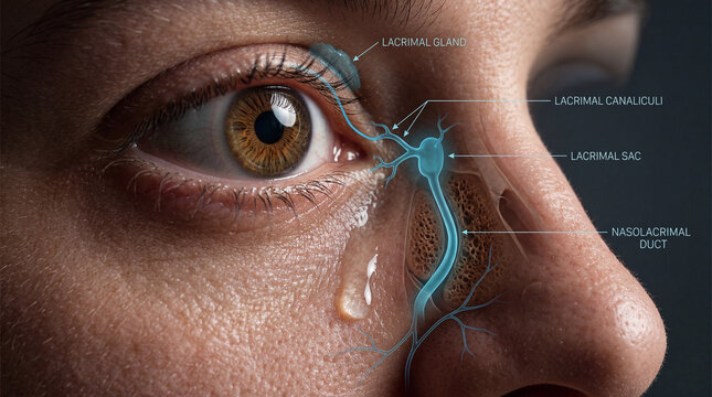 Understanding the delicate journey of a single tear, revealing the intricate anatomy of the human lacrimal system on a subtle face