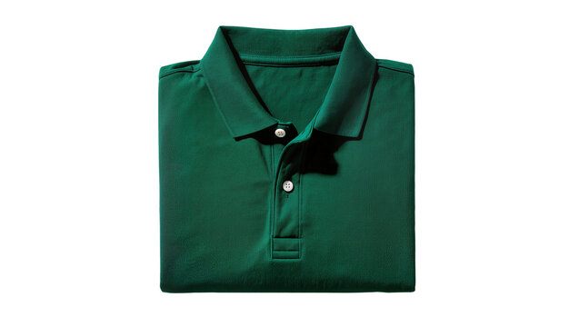 Folded dark green textured polo shirt with white buttons, isolated on transparent background