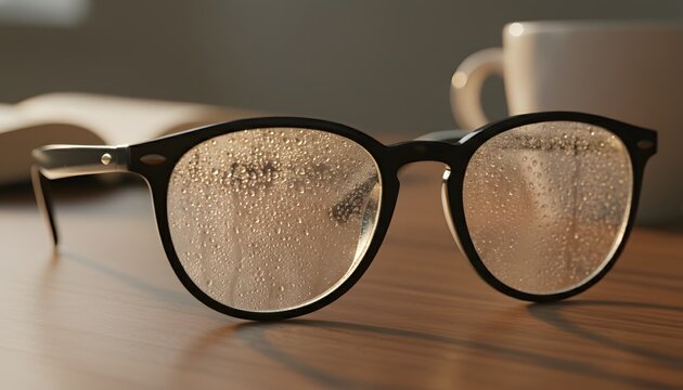Close up of eyeglasses with steam fogging up the lenses on a wooden desk near a mug, representing a vision impairment and morning routine concept in warm light