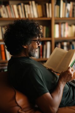 Man reading paperback book relaxed on leather chair in library