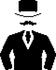 Fototapeta premium Pixel art hipster gentleman in suit with top hat and bow tie on transparent background vector illustration