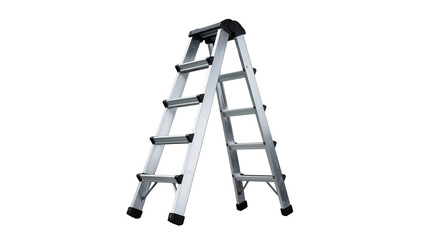 Silver aluminum A-frame stepladder with black rubber feet, isolated on transparent background © Sorin