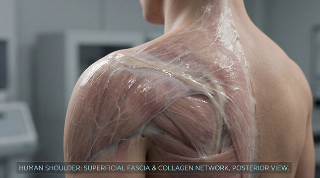 Exploring the delicate lattice of the human shoulder's superficial fascia and collagen fibers revealed in a detailed posterior view