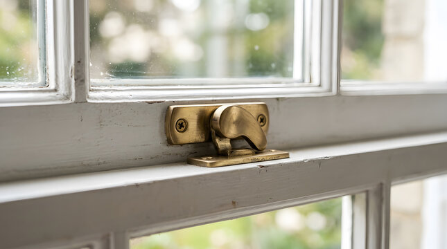 Antique Brass Window Latch on White Wooden Sash | Close up Macro of Vintage Sash Window Lock Hardware | Traditional Home Security and Architectural Detail | Period Property Interior Design