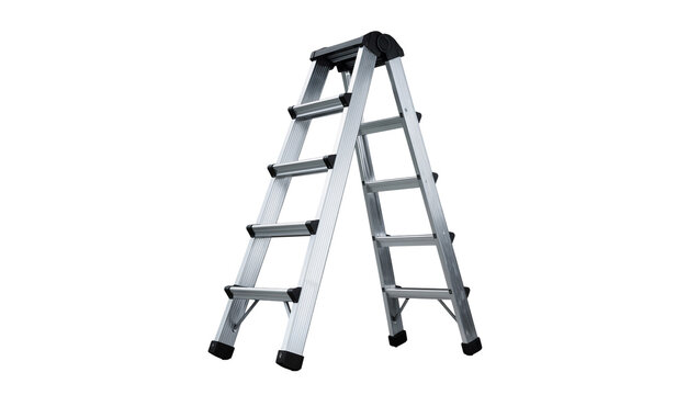Silver aluminum A-frame stepladder with black rubber feet, isolated on transparent background