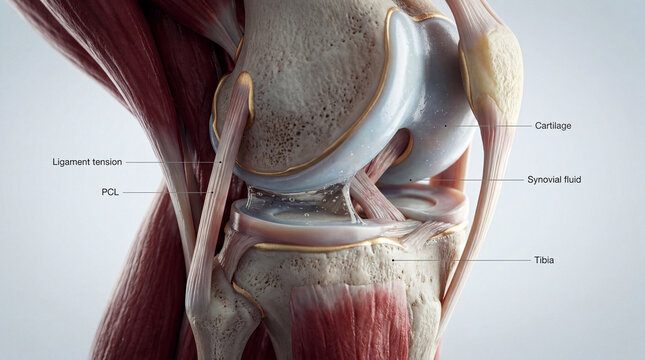 Revealing the intricate internal world of a human knee joint showcasing vital ligaments and smooth cartilage for mobility