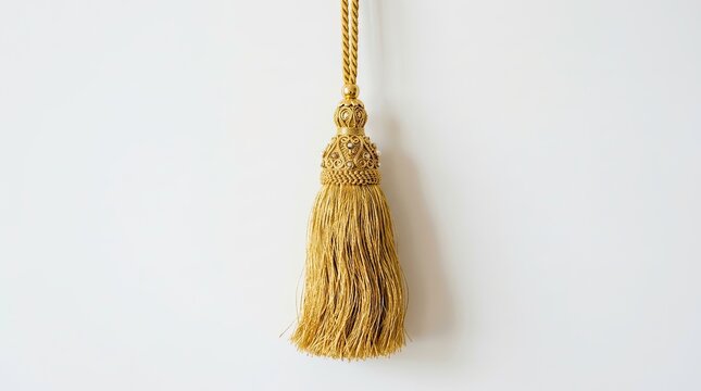 Close up shot of decorative golden tassel isolated on white background.