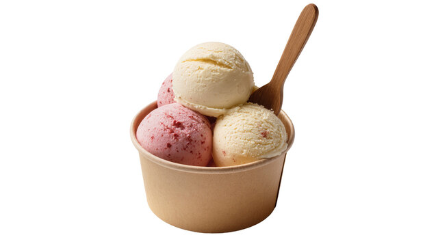 Scoops of strawberry and vanilla ice cream in a paper cup with wooden spoon, isolated on transparent background