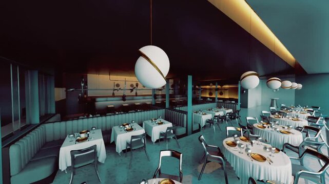 Upscale empty dining room at dusk, soft moody lighting, round pendant lamps, curved banquette seating, white tablecloths, formal place settings, teal and gold
