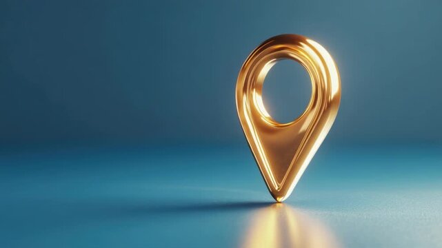 Golden location pin on water. 3d navigation pointer for business address and map positioning. Abstract background for travel or marketing. Place of shining.
