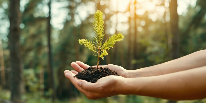 Hands holding small pine seedling with forest background sunlight
