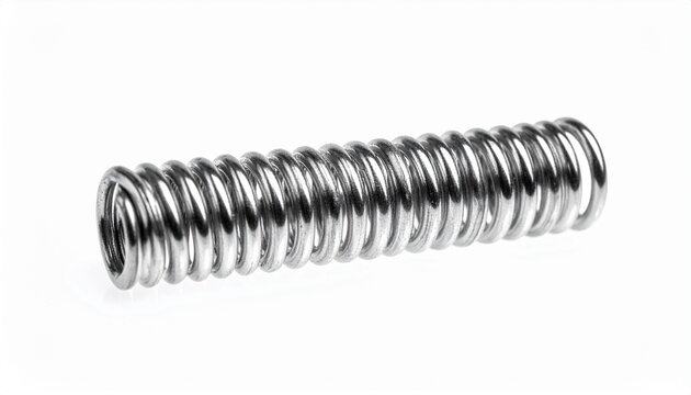 Metal coil spring isolated on white background, flexible mechanical component, minimal clean product style.