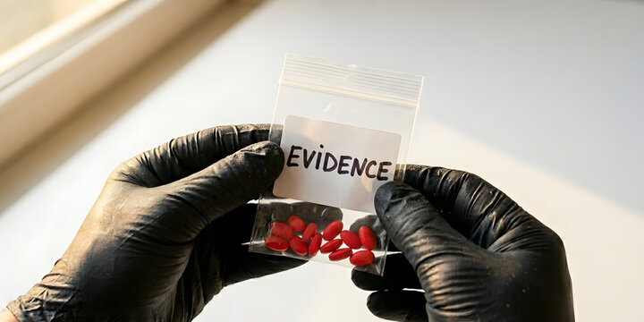 Forensic investigator holding a plastic evidence bag containing red pills for narcotics testing