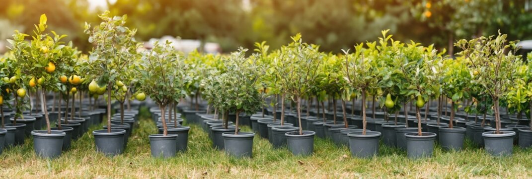 Potted citrus trees arranged in nursery rows outdoors