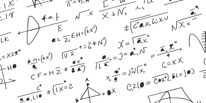 Complex handwritten mathematical formulas equations and geometry charts on white background educational study concept vector illustration art.
