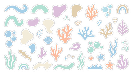 Fototapeta premium Pastel Sea Elements Sticker Set with Coral Shell and Bubbles